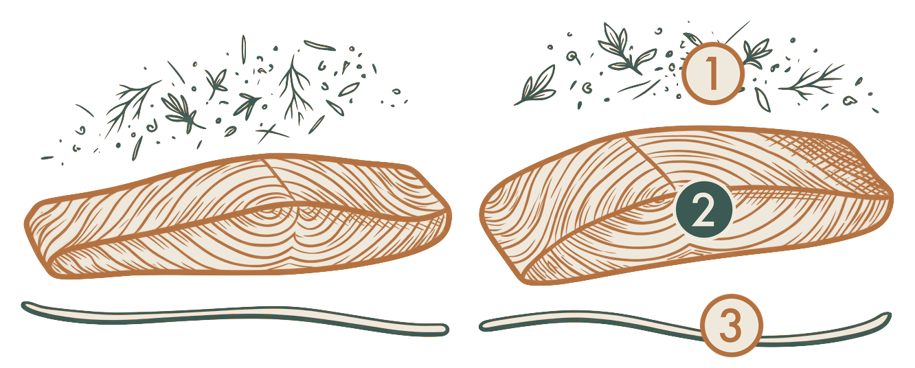 Pavés de saumon vus de côté, avec la peau et les épices